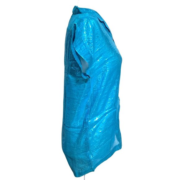 Vintage Blue Top Womens Size 3 Metallic Button Up Short Sleeve Shirt by Nina NOS - Picture 14 of 14